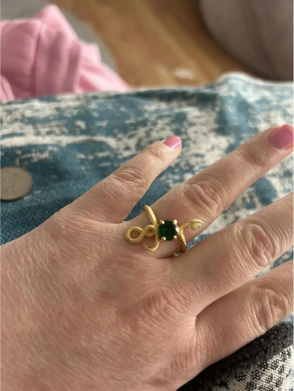 Gold Tone Snake Ring with Green Gemstone